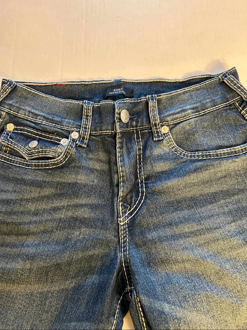 True Religion Men’s Ricky Big T Flap Relaxed Straight Denim Shorts Sz 30